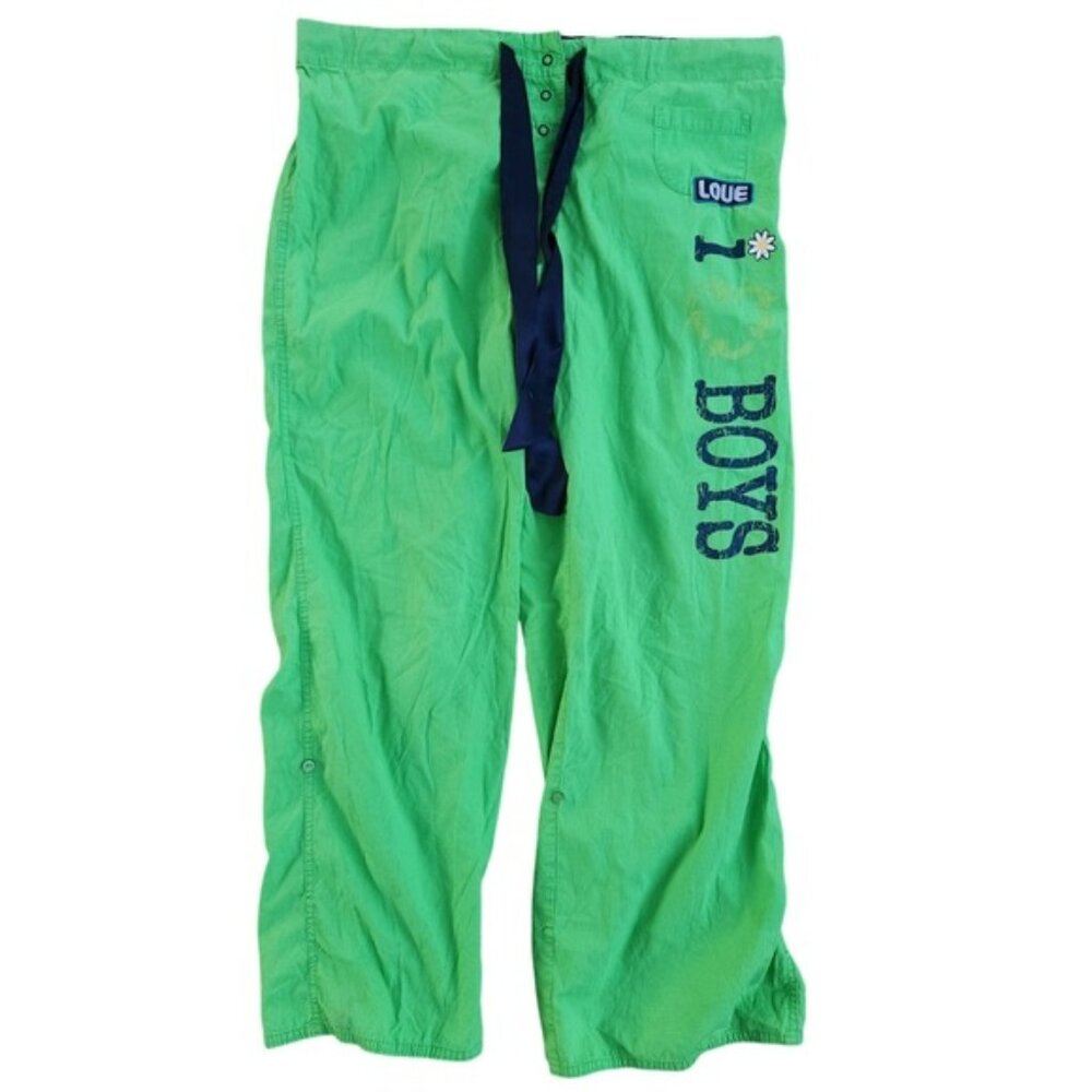Lola & Coco La Senza Lounge Pants Green I Love Boys‎ Button Tab Waist Large y2k